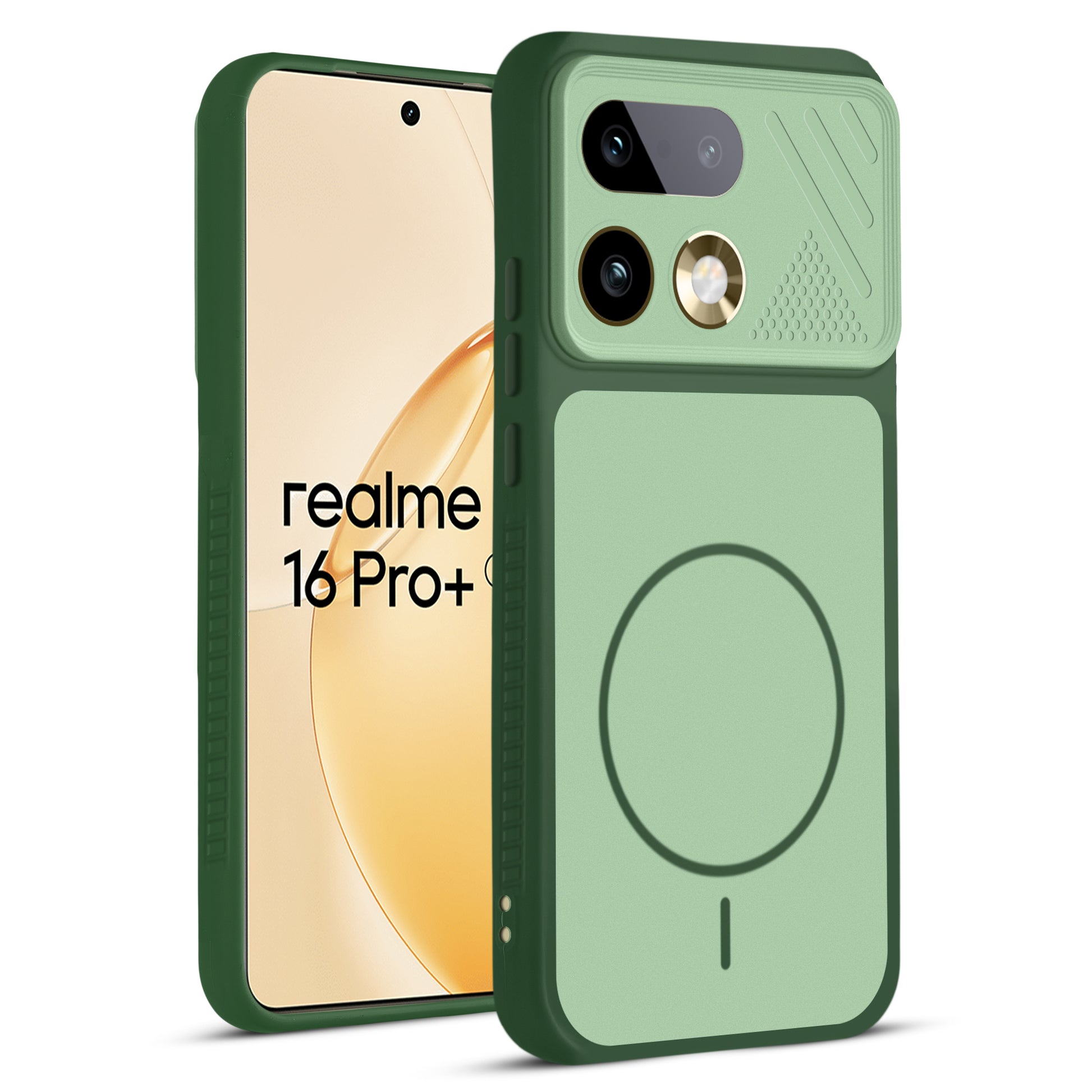 Front and back view of Green protective back cover for Realme 16 Pro Plus 5G with textured sides, camera guard and slim fit design.