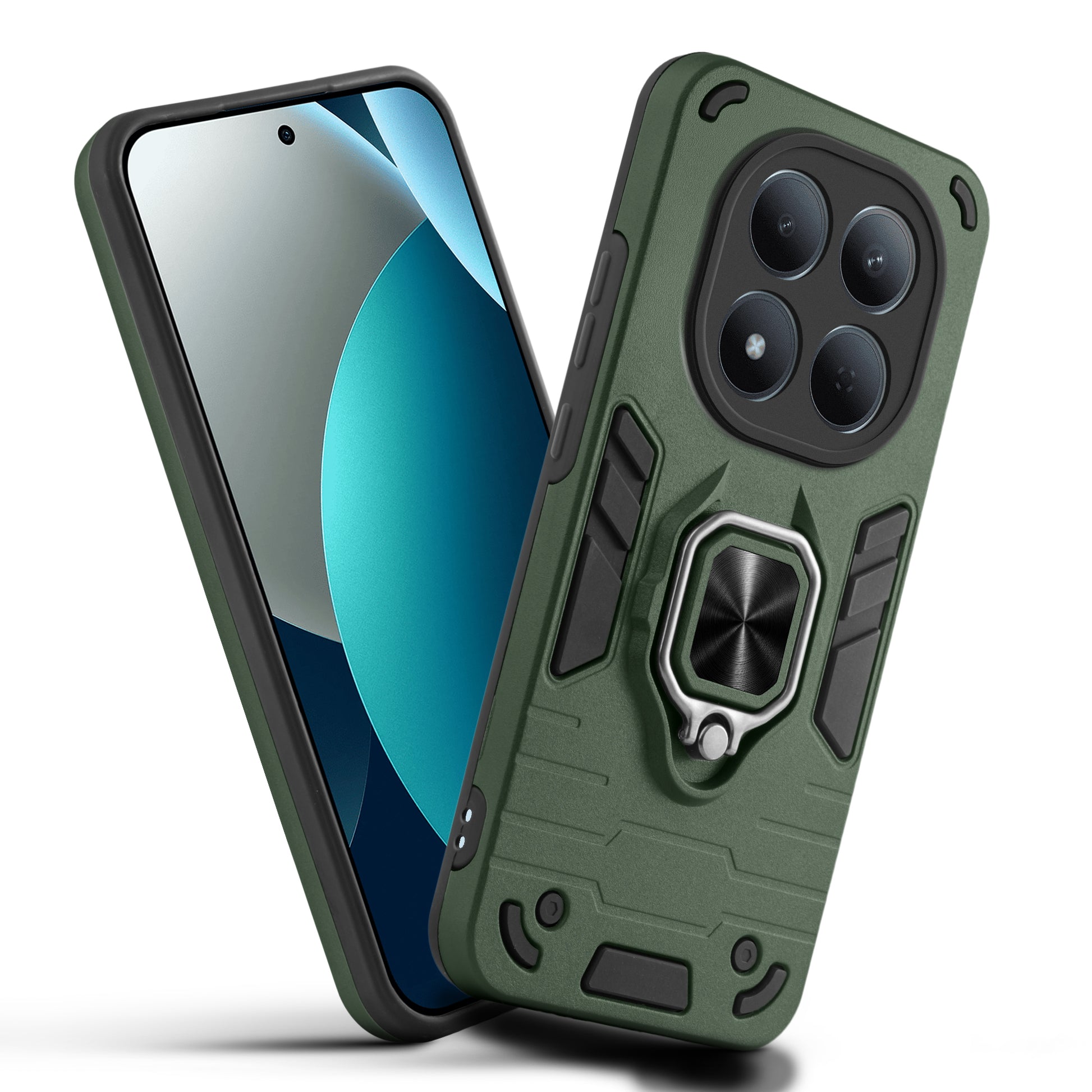 Front and back view of Redmi Note 15 Pro 5G fitted with a protective case and ring grip