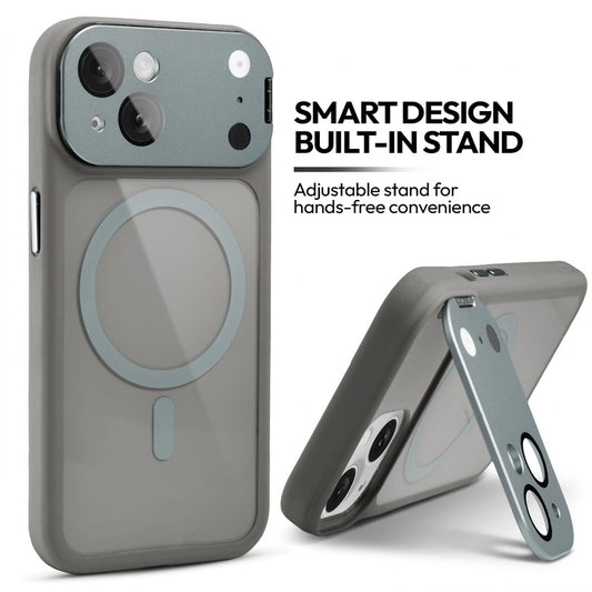 Apple iPhone 15 Case with MagSafe Compatibility, Flip-Open Camera Cover Stand, Glossy Glass Back & Metallic Buttons