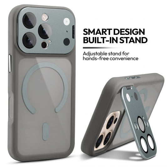 Apple iPhone 16 Pro Case with MagSafe Compatibility, Flip-Open Camera Cover Stand, Glossy Glass Back & Metallic Buttons