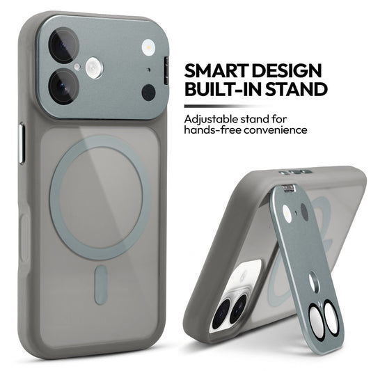 Apple iPhone 16 Case with MagSafe Compatibility, Flip-Open Camera Cover Stand, Glossy Glass Back & Metallic Buttons