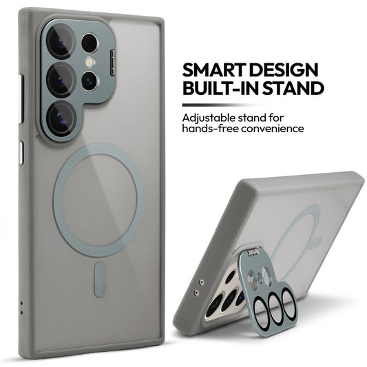 Samsung S24 Ultra 5G Case with MagSafe Compatibility, Flip-Open Camera Cover Stand, Glossy Glass Back & Metallic Buttons