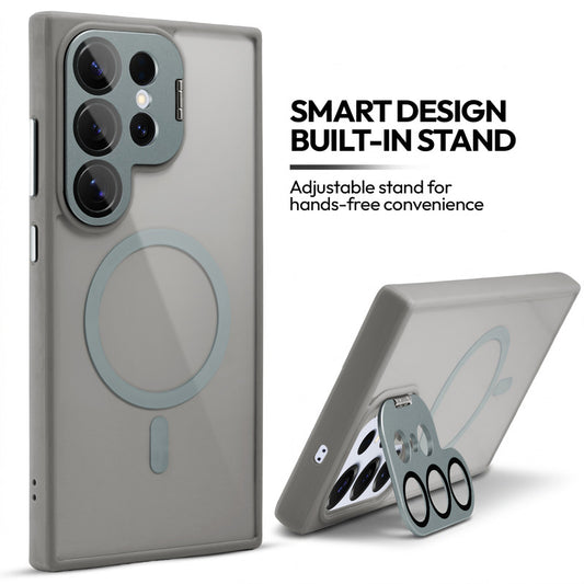 Samsung S25 Ultra 5G Case with MagSafe Compatibility, Flip-Open Camera Cover Stand, Glossy Glass Back & Metallic Buttons