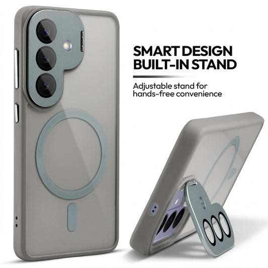 Samsung S26 5G Case with MagSafe Compatibility, Flip-Open Camera Cover Stand, Glossy Glass Back & Metallic Buttons