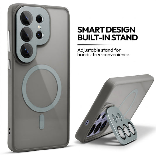 Samsung S26 Ultra 5G Case with MagSafe Compatibility, Flip-Open Camera Cover Stand, Glossy Glass Back & Metallic Buttons