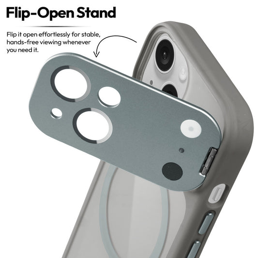 Apple iPhone 15 Case with MagSafe Compatibility, Flip-Open Camera Cover Stand, Glossy Glass Back & Metallic Buttons