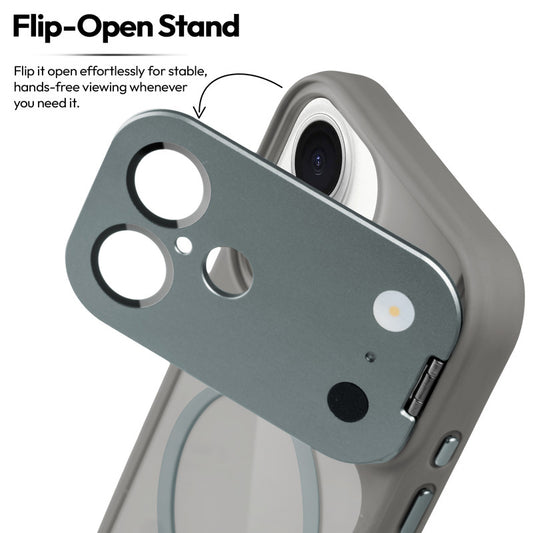 Apple iPhone 16 Case with MagSafe Compatibility, Flip-Open Camera Cover Stand, Glossy Glass Back & Metallic Buttons