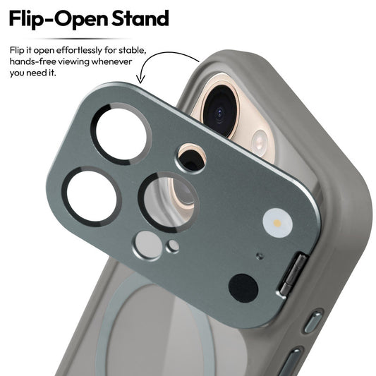 Apple iphone 16 Pro Max Case with MagSafe Compatibility, Flip-Open Camera Cover Stand, Glossy Glass Back & Metallic Buttons