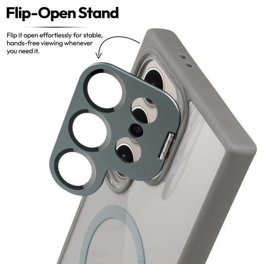 Samsung S24 Ultra 5G Case with MagSafe Compatibility, Flip-Open Camera Cover Stand, Glossy Glass Back & Metallic Buttons