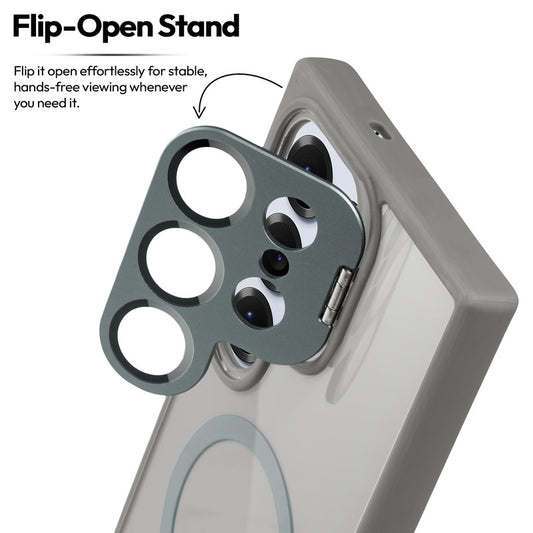 Samsung S25 Ultra 5G Case with MagSafe Compatibility, Flip-Open Camera Cover Stand, Glossy Glass Back & Metallic Buttons