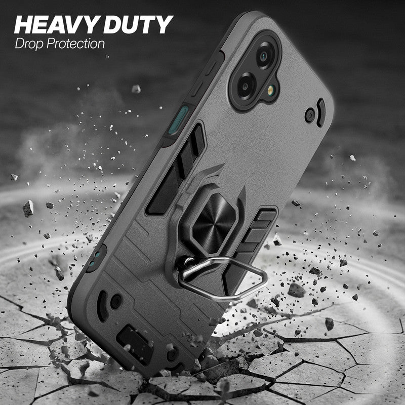Samsung F07 protective case illustrating impact drop protection with an impact-resistant frame.