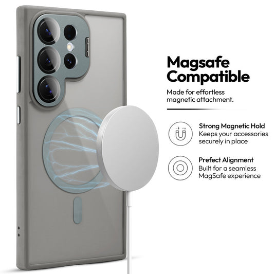 Samsung S25 Ultra 5G Case with MagSafe Compatibility, Flip-Open Camera Cover Stand, Glossy Glass Back & Metallic Buttons