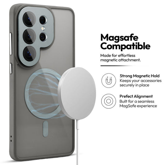 Samsung S26 Ultra 5G Case with MagSafe Compatibility, Flip-Open Camera Cover Stand, Glossy Glass Back & Metallic Buttons