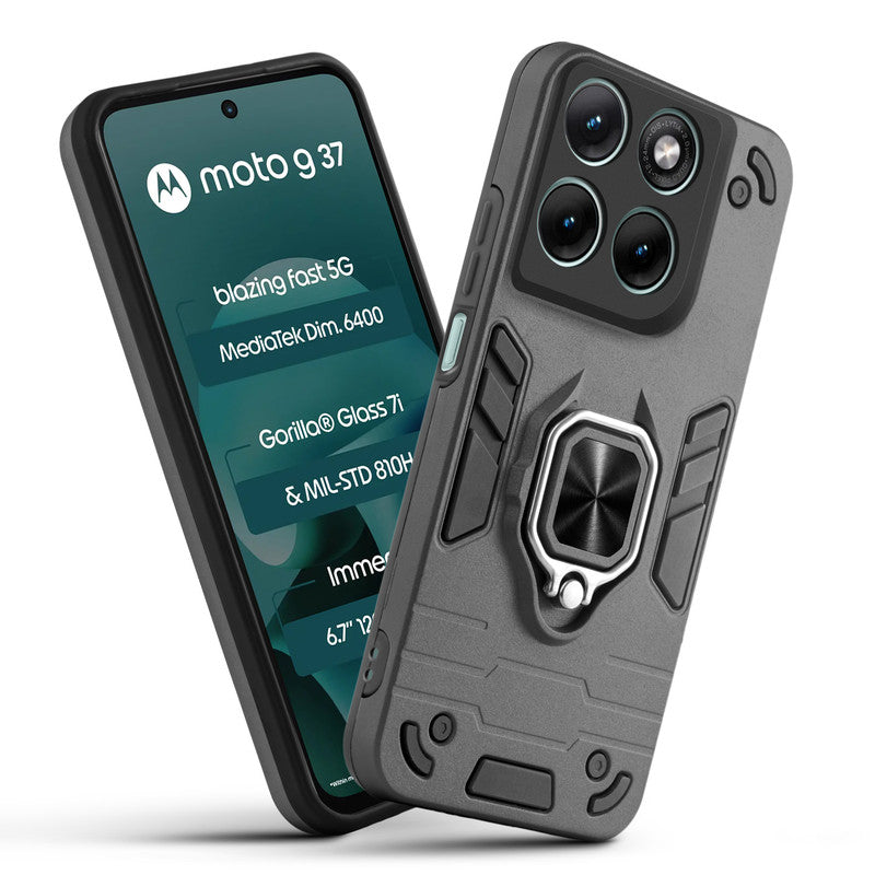 Front and back view of Motorola G37 5G fitted with a protective case and ring grip