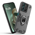 Front and back view of Motorola G67 Power 5G fitted with a protective case and ring grip