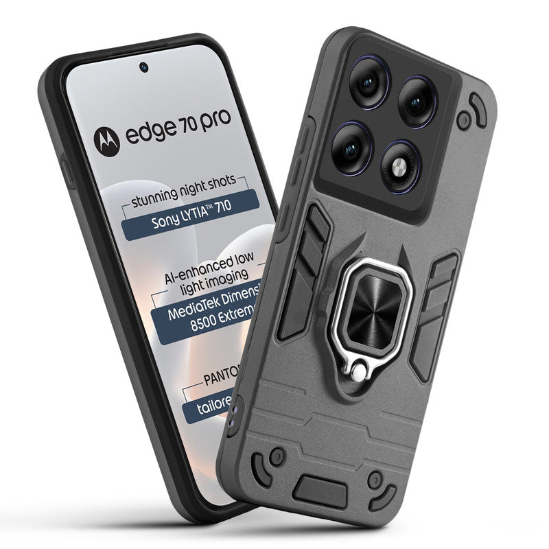 Front and back view of Motorola Moto Edge 70 Pro 5G fitted with a protective case and ring grip