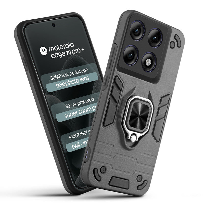 Front and back view of Motorola Moto Edge 70 Pro Plus 5G fitted with a protective case and ring grip