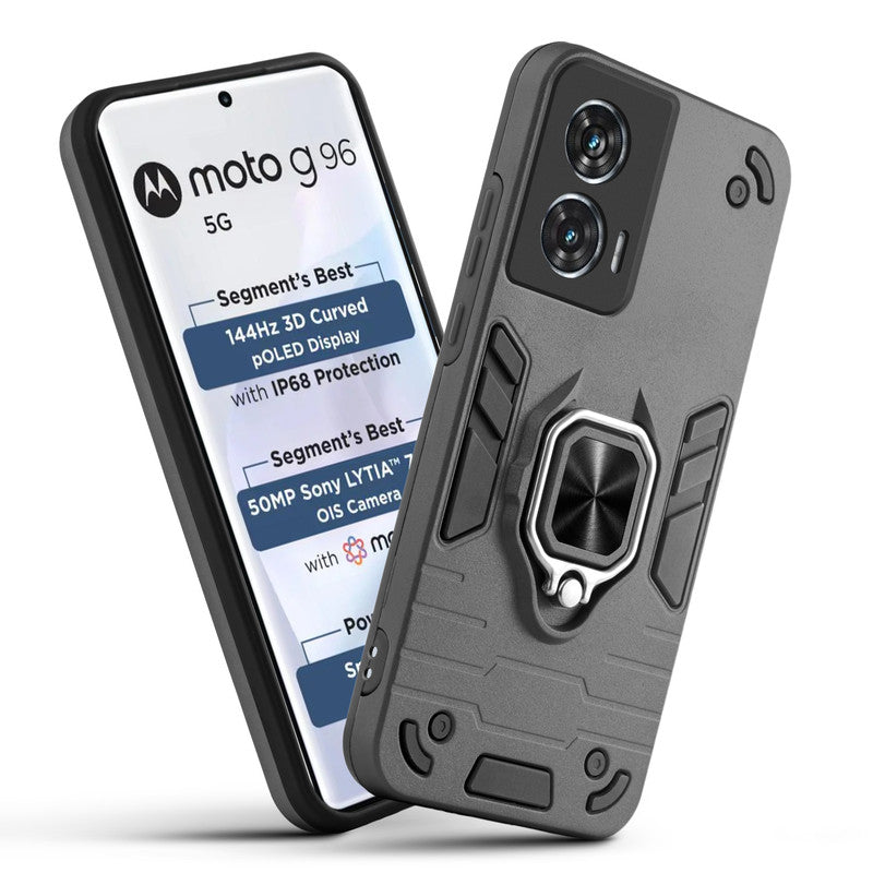 Front and back view of Motorola Moto G96 5G fitted with a protective case and ring grip