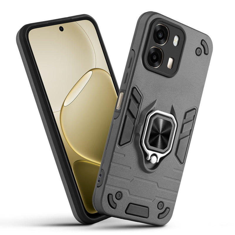 Front and back view of Oppo A6 Pro 5G fitted with a protective case and ring grip