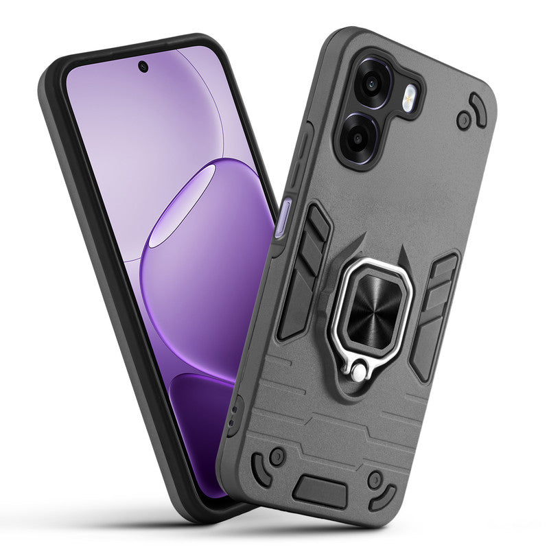Front and back view of Oppo A6x 5G fitted with a protective case and ring grip