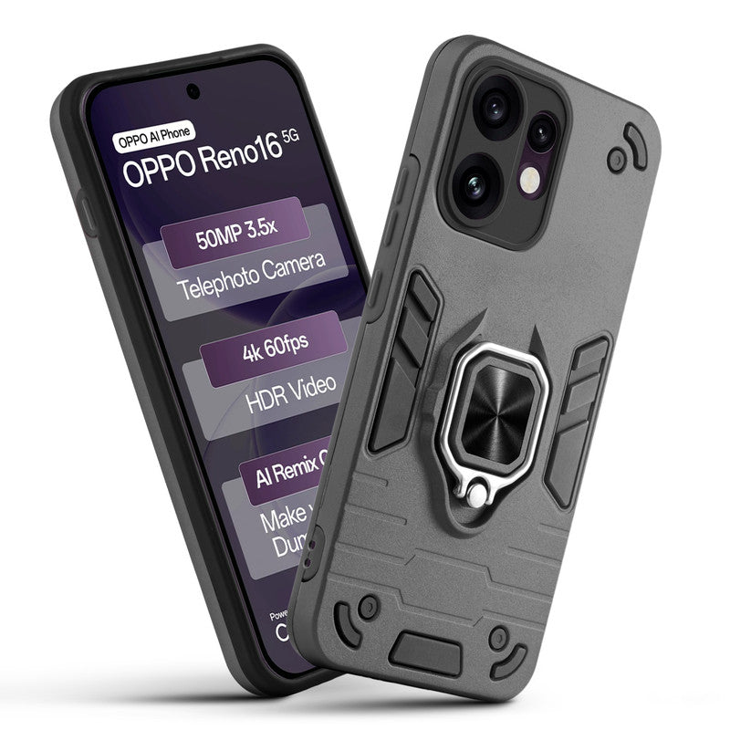 Front and back view of Oppo Reno 16 5G fitted with a protective case and ring grip