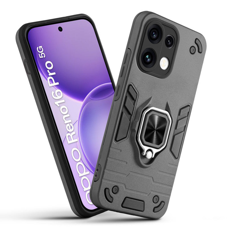 Front and back view of Oppo Reno 16 Pro 5G fitted with a protective case and ring grip