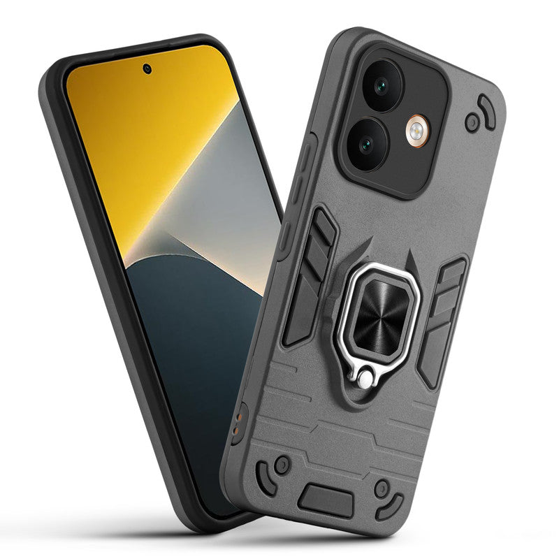 Front and back view of POCO X8 5G fitted with a protective case and ring grip