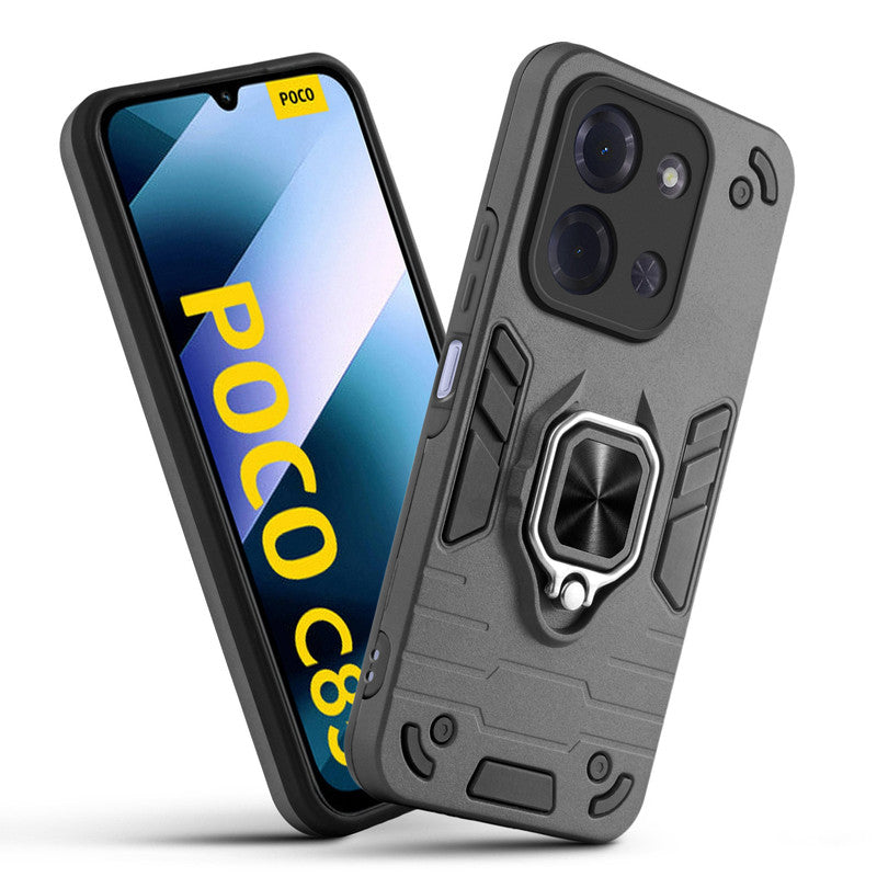 Front and back view of Poco C85 5G fitted with a protective case and ring grip