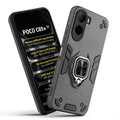 Front and back view of Poco C85x 5G fitted with a protective case and ring grip