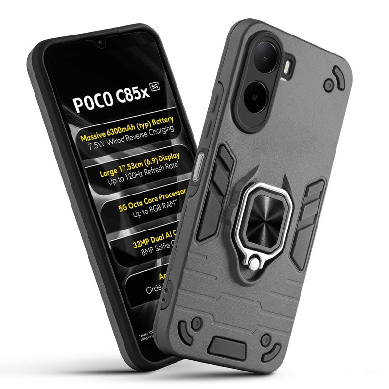 Front and back view of Poco C85x 5G fitted with a protective case and ring grip