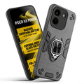 Front and back view of Poco X8 Power 5G fitted with a protective case and ring grip