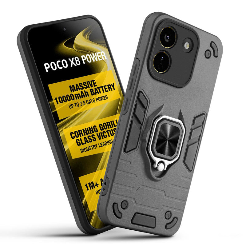 Front and back view of Poco X8 Power 5G fitted with a protective case and ring grip