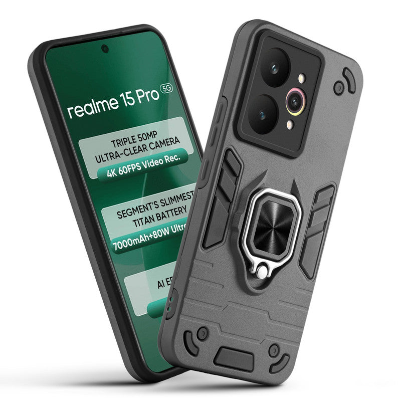 Front and back view of Realme 15 Pro 5G fitted with a protective case and ring grip
