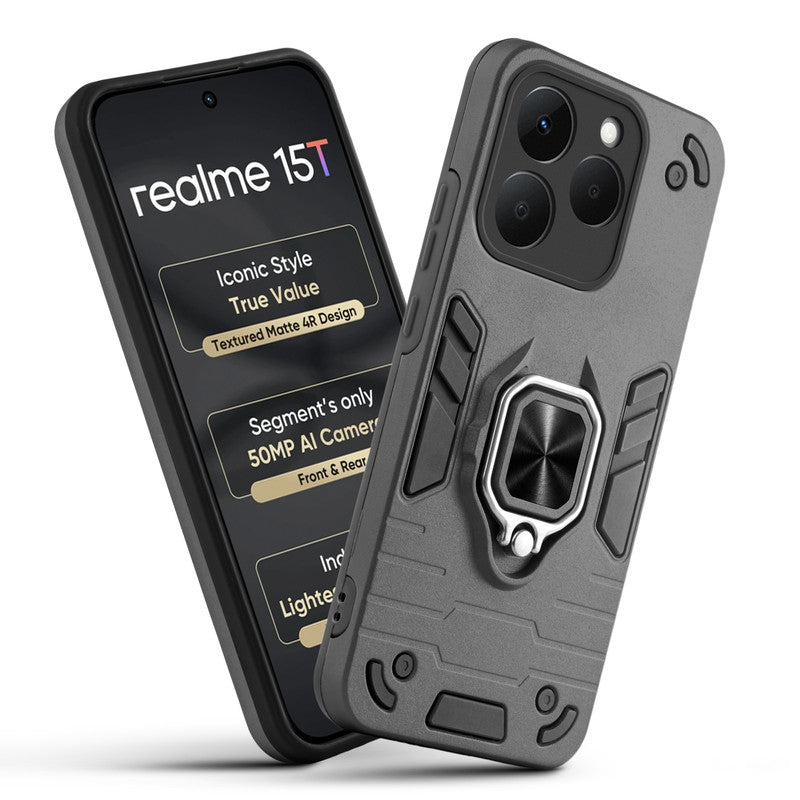 Front and back view of Realme 15T 5G fitted with a protective case and ring grip