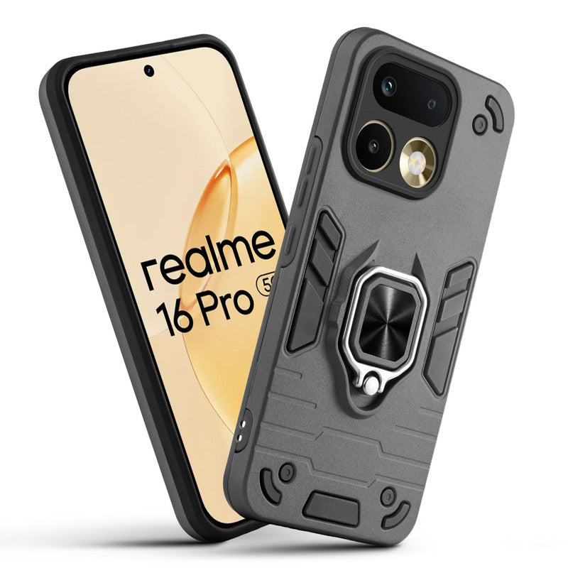 Front and back view of Realme 16 Pro 5G fitted with a protective case and ring grip