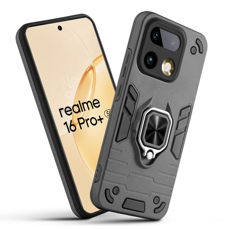 Front and back view of Realme 16 Pro Plus 5G fitted with a protective case and ring grip