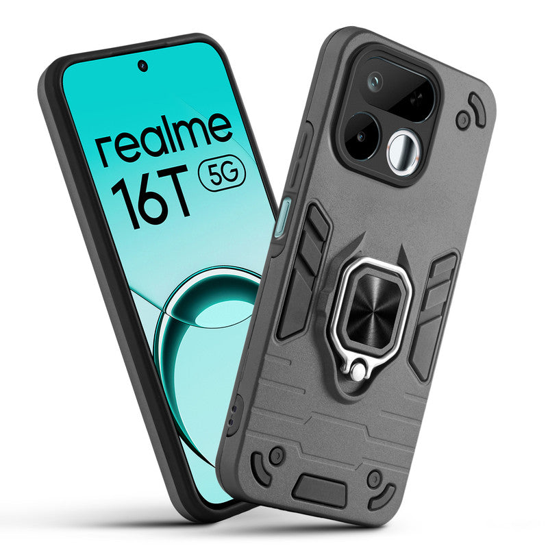 Front and back view of Realme 16T 5G fitted with a protective case and ring grip