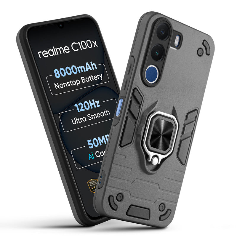 Front and back view of Realme C100x 5G fitted with a protective case and ring grip