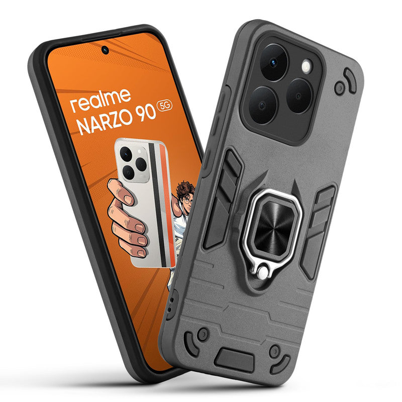 Front and back view of Realme Narzo 90 5G fitted with a protective case and ring grip
