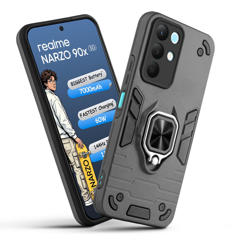 Front and back view of Realme Narzo 90x 5G fitted with a protective case and ring grip