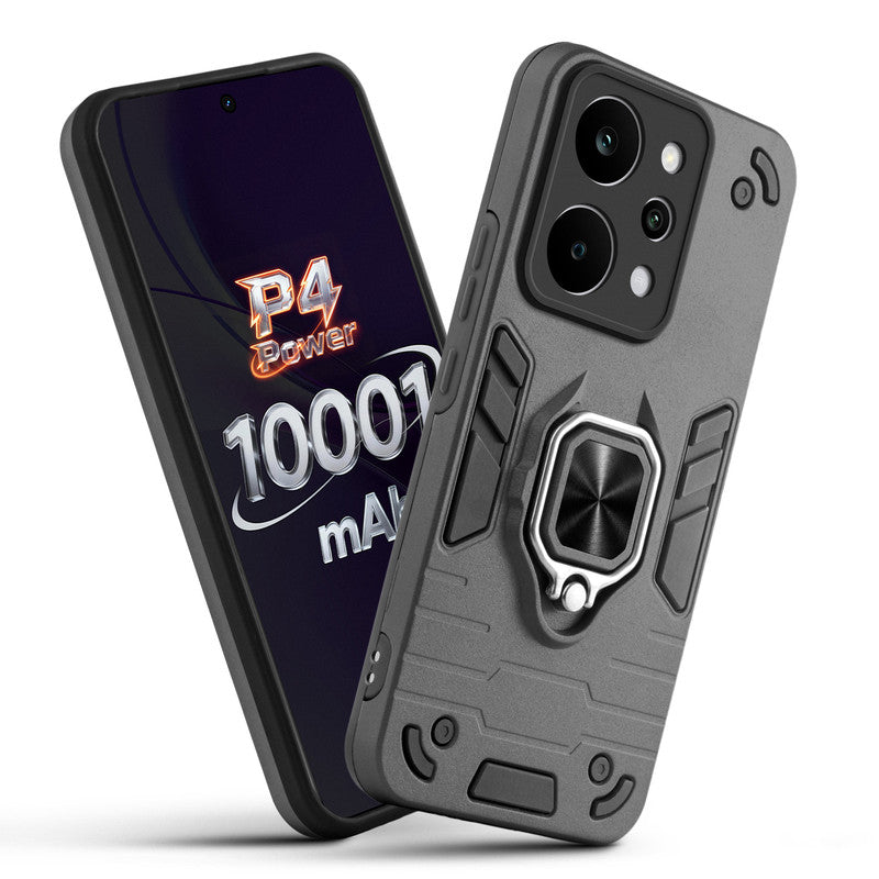 Front and back view of Realme P4 Power 5G fitted with a protective case and ring grip