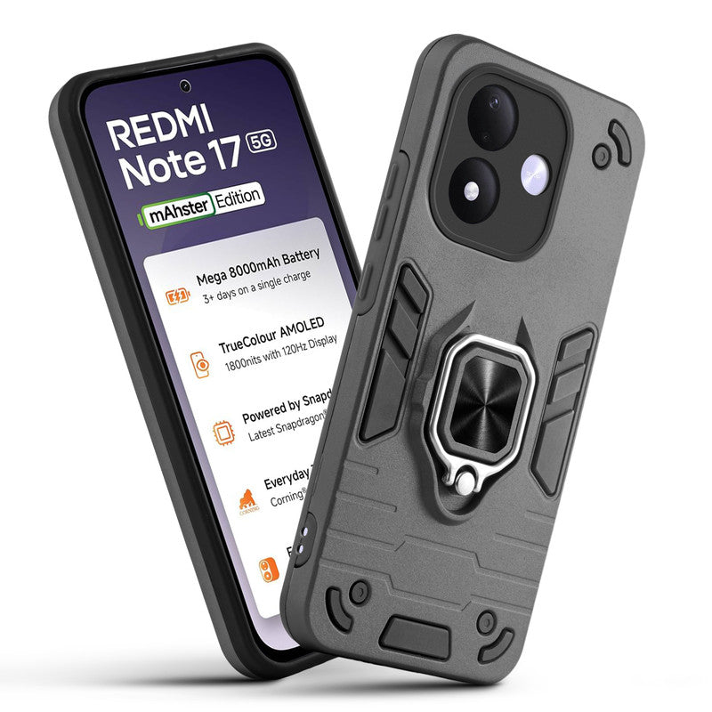 Front and back view of Redmi Note 17 5G fitted with a protective case and ring grip