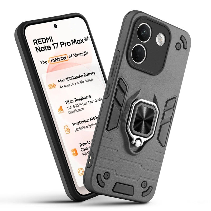 Front and back view of Redmi Note 17 Pro Max 5G fitted with a protective case and ring grip