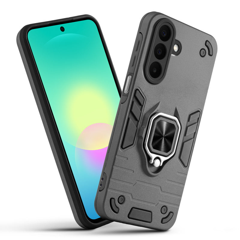 Front and back view of Samsung A27 5G fitted with a protective case and ring grip