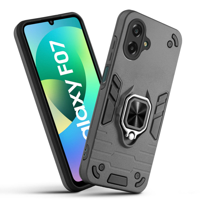 Front and back view of Samsung F07 fitted with a protective case and ring grip