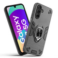 Front and back view of Samsung F17 5G fitted with a protective case and ring grip