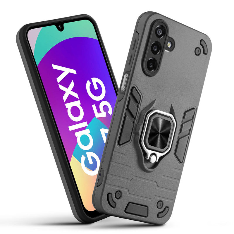Front and back view of Samsung F17 5G fitted with a protective case and ring grip