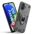 Front and back view of Samsung F70e 5G fitted with a protective case and ring grip