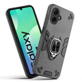 Front and back view of Samsung M07 fitted with a protective case and ring grip