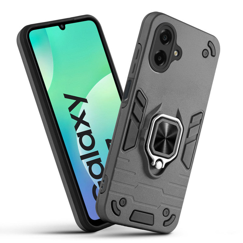 Front and back view of Samsung M07 fitted with a protective case and ring grip